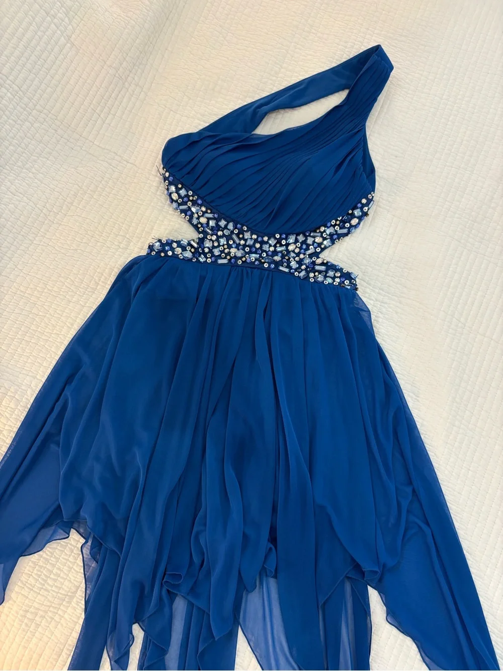 One-Shoulder Royal Blue Beaded Cocktail Dress